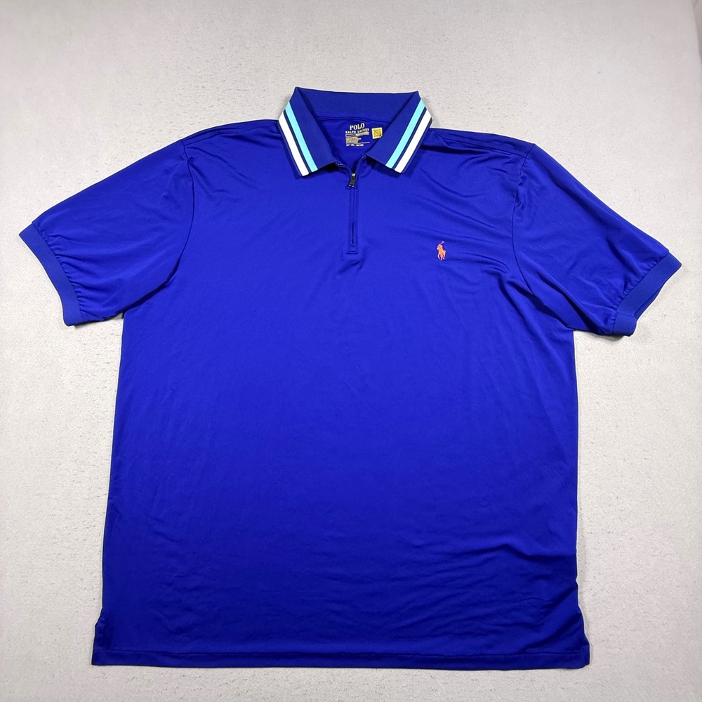 Polo Ralph Lauren Performance Men 2LT Royal Blue Quarter Zip Striped Collar Polo